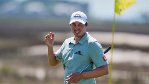 Matt Fitzpatrick, of England, reacts on the 18th hole during the second round at the RBC Heritage golf tournament Friday, April 17, 2026, in Hilton Head, S.C. (Mike Stewart/AP)