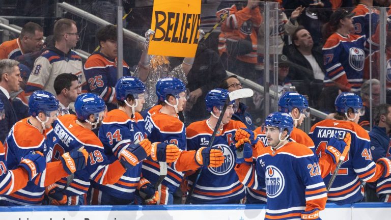 Edmonton Oilers' Matt Savoie (22) celebrates a goal against the Vancouver Canucks during first period NHL action, in Edmonton on Thursday April 16, 2026. (Jason Franson/CP)