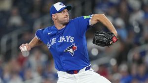 Toronto Blue Jays pitcher Max Scherzer (31) throws against the Minnesota Twins during first inning American League MLB baseball action in Toronto on Sunday, April 12, 2026. (Nathan Denette/CP)