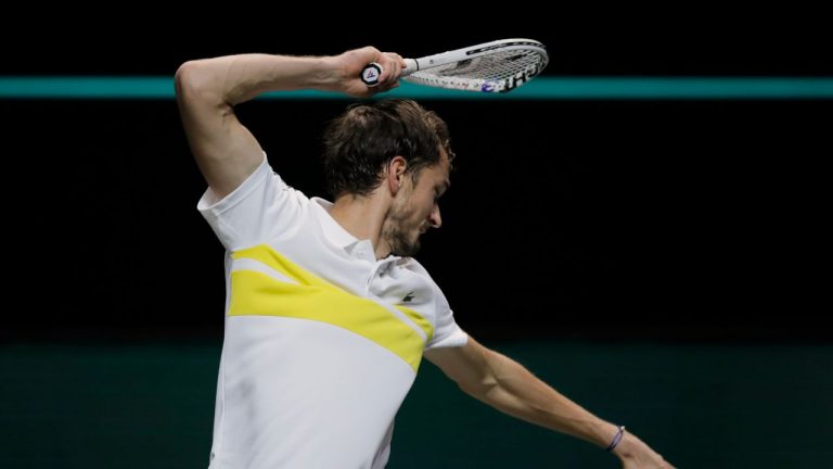 Russia's Daniil Medvedev breaks his racket in the first round men's singles match of the ABN AMRO world tennis tournament against Serbia's Dusan Lajovic at Ahoy Arena in Rotterdam, Netherlands, Wednesday, March 3, 2021. (Peter Dejong/AP)
