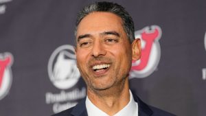 Sunny Mehta, the new general manager of the New Jersey Devils, attends a news conference in Newark, N.J., Tuesday, April 21, 2026. (Seth Wenig/AP Photo)