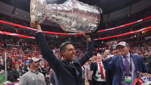 Sunny Mehta and Bryan McCabe of the Florida Panthers celebrate their Stanley Cup victory in Game Seven of the 2024 NHL Stanley Cup Final at Amerant Bank Arena on June 24, 2024 in Sunrise, Florida. (Bruce Bennett/Getty Images)