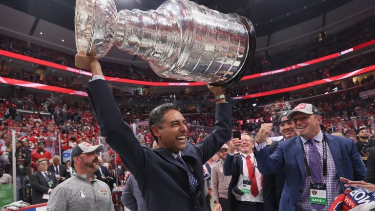 Sunny Mehta and Bryan McCabe of the Florida Panthers celebrate their Stanley Cup victory in Game Seven of the 2024 NHL Stanley Cup Final at Amerant Bank Arena on June 24, 2024 in Sunrise, Florida. (Bruce Bennett/Getty Images)