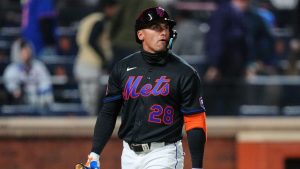 New York Mets' Tyrone Taylor (28) reacts after striking out to end a baseball game against the Minnesota Twins Tuesday, April 21, 2026, in New York. (Frank Franklin II/AP Photo)
