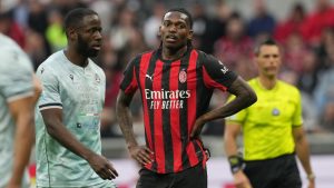 AC Milan's Rafael Leao reacts during the Serie A soccer match between AC Milan and Udinese, in Milan, Italy, Saturday, April 11, 2026. (Antonio Calanni/AP)