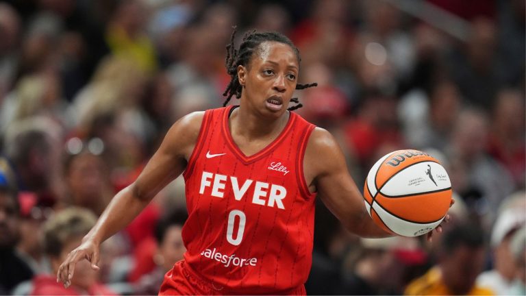 Indiana Fever's Kelsey Mitchell dribbles during the first half of a WNBA basketball game against the Chicago Sky, Friday, Sept. 5, 2025, in Indianapolis. (Darron Cummings/AP)