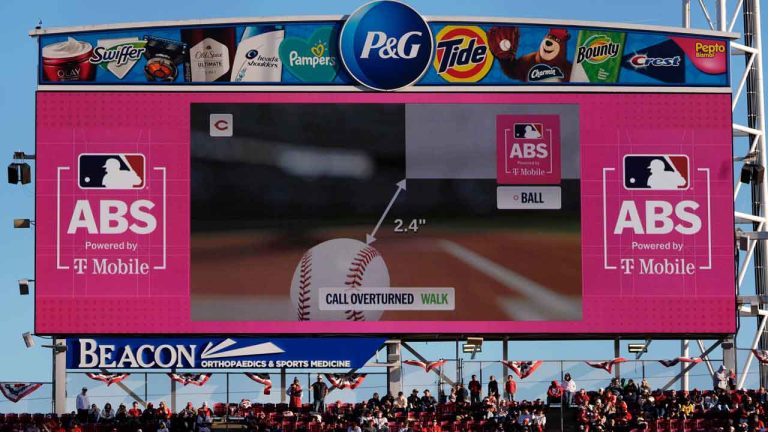 A call is overturned to a walk by the Automated Ball-Strike (ABS) Challenge System, displayed on the stadium screens, after Cincinnati Reds' Will Benson challenged at pitch result during the seventh inning of a baseball game against the Boston Red Sox in Cincinnati. (Carolyn Kaster/AP)
