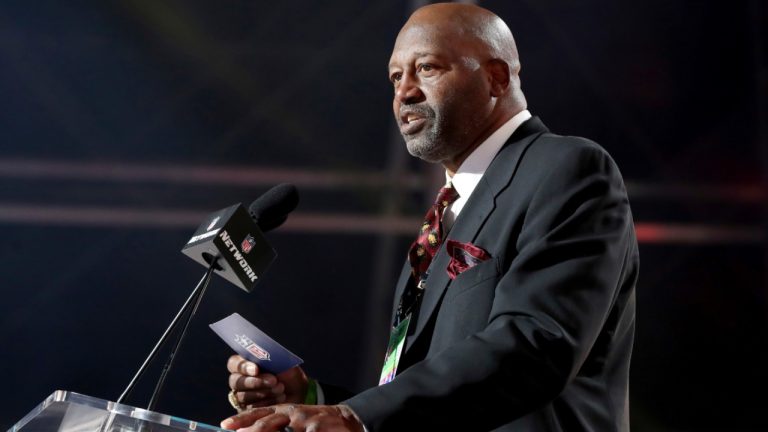 FILE - NFL Legend Monte Coleman announces a selection for the Washington Football Team during the 2nd round of the NFL draft, Friday April 29, 2021, in Cleveland. (AP/Gregory Payan, File)