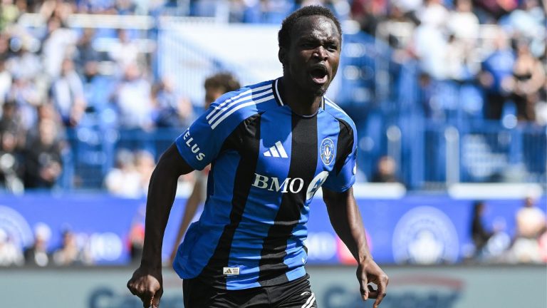 CF Montreal's Victor Loturi (22) reacts after scoring against the New York Red Bulls during first half MLS soccer action in Montreal, Saturday, April 18, 2026. (Graham Hughes/THE CANADIAN PRESS)