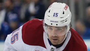 Montreal Canadiens' Alex Newhook during the first period of an NHL game against the New York Rangers Thursday, April 2, 2026, in New York. (Frank Franklin II/AP)