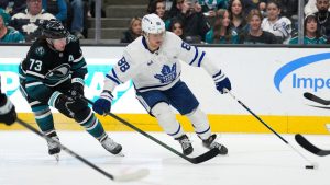 Toronto Maple Leafs right wing William Nylander (88) skates past San Jose Sharks center Tyler Toffoli (73) during the second period of an NHL hockey game in San Jose, Calif., Thursday, March 27, 2025. (Tony Avelar/AP)