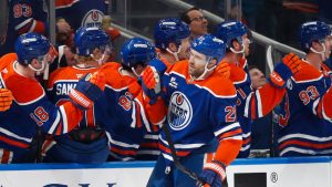 Edmonton Oilers' Leon Draisaitl (29) celebrates a goal against the Anaheim Ducks during first period NHL playoff action in Edmonton on Wednesday, April 22, 2026. (Codie McLachlan/CP)