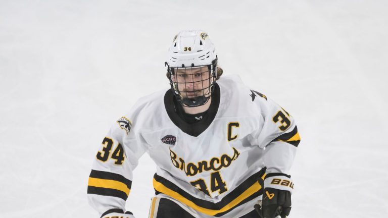 Western Michigan forward Owen Michaels (34) skates during the first period of an NCAA hockey regional game against Minnesota State, Friday, March 27, 2026, in Loveland, Co. (Tyler Tate/AP)