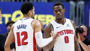 Detroit Pistons forward Tobias Harris (12) celebrates with centre Jalen Duren (0) after a win over the Toronto Raptors in an NBA basketball game Tuesday, March 31, 2026, in Detroit. (Duane Burleson/AP)
