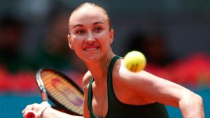 Anastasia Potapova of Russia returns the ball to Karolina Pliskova of the Czech Republic during the Madrid Open tennis tournament in Madrid, Wednesday, April 29, 2026. (Pablo Garcia/AP)
