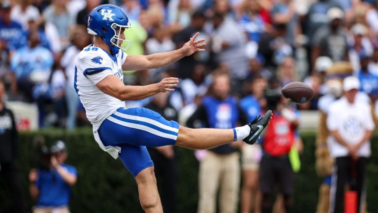 Kentucky kicker Aidan Laros (48) punts the ball during the first half of an NCAA college football game against Georgia, Saturday, Oct. 4, 2025, in Athens, Ga. (Colin Hubbard/AP Photo)