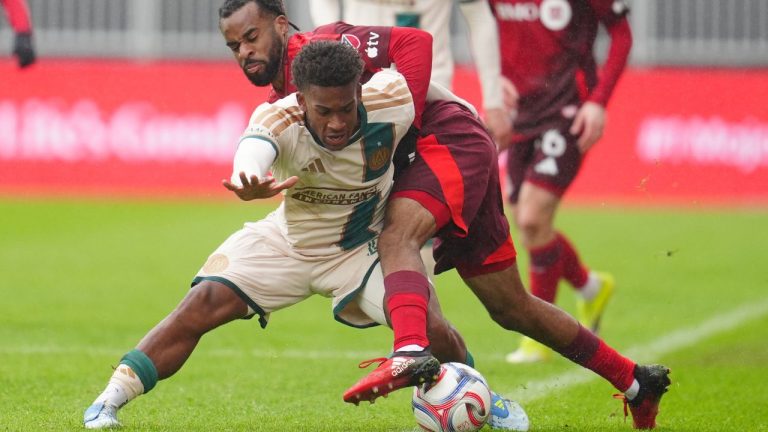 Toronto FC's Raheem Edwards (44) battles for the ball with Atlanta United's Matthew Edwards (47) during second half MLS soccer action in Toronto on Saturday, April 25, 2026. (Frank Gunn/CP)