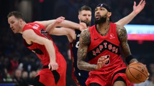 Toronto Raptors forward Brandon Ingram looks to shoot during the first half in Game 1 of a first-round NBA playoffs basketball series against the Cleveland Cavaliers, Saturday, April 18, 2026, In Cleveland. (David Dermer/AP)