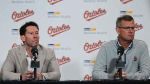 From left; Boston Red Sox Chief Baseball Officer Craig Breslow and President & CEO Sam Kennedy answer questions during a press conference. (Stephanie Scarbrough/AP)