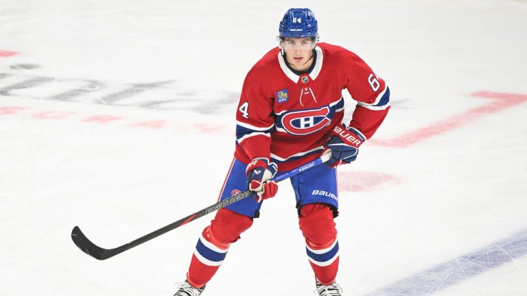 Montreal Canadiens' David Reinbacher skates prior to NHL hockey Prospect Showdown action against the Toronto Maple Leafs in Montreal, Sunday, Sept. 14, 2025. (Graham Hughes/CP)