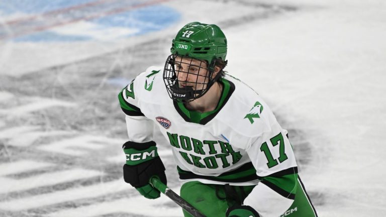 North Dakota forward Cole Reschny (17) follows the puck against Quinnipiac in the second period during an NCAA hockey regional game on Saturday, March 28, 2026 in Sioux City, S.D. (Craig Lassig/AP)