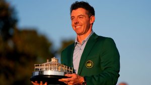 Rory McIlroy, of Northern Ireland, holds the trophy after winning the Masters golf tournament at the Augusta National Golf Club, Sunday, April 12, 2026, in Augusta, Ga.(Ashley Landis/AP)