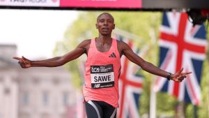 Sebastian Sawe from Kenya crosses the finish line to win the men's race at the London Marathon in London, Sunday, April 26, 2026.(Ian Walton/AP)