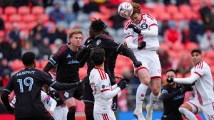 Toronto FC forward Josh Sargent (9) heads the ball into the Colorado Rapids' net scoring his team's third goal of the game during second half MLS soccer action in Toronto on Saturday, April 4, 2026. (Frank Gunn/CP)