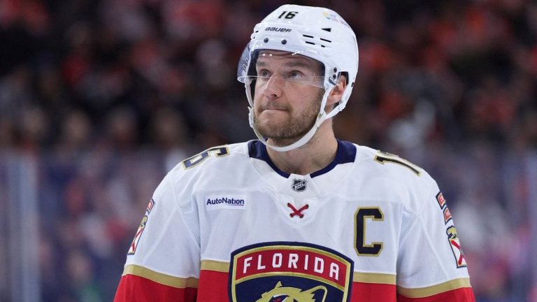Florida Panthers' Aleksander Barkov looks up during a break in an NHL hockey game Jan. 13, 2025, in Philadelphia. (Matt Slocum/AP)
