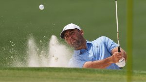 Scottie Scheffler hits from the bunker on the sixth hole during a practice round ahead of the Masters golf tournament at the Augusta National Golf Club, Tuesday, April 7, 2026, in Augusta, Ga. (Matt Slocum/AP Photo)