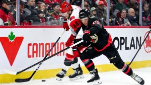 Carolina Hurricanes' Nicolas Deslauriers (44) tries to hold up Ottawa Senators' Fabian Zetterlund (20) as they fight for control of the puck during first period NHL hockey action in Ottawa, on Sunday, April 5, 2026. (Spencer Colby/THE CANADIAN PRESS)
