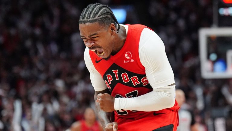 Toronto Raptors guard Jamal Shead (23) celebrates causing a turnover against the Cleveland Cavaliers during second half NBA playoff basketball action in Toronto on Sunday, April 26, 2026. (Frank Gunn/CP)