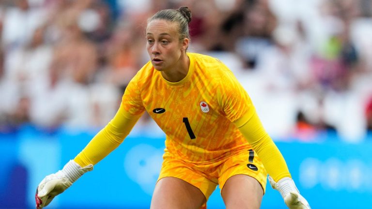 Canada goalkeeper Kailen Sheridan participates in a women's quarterfinal soccer match between Canada and Germany at the 2024 Summer Olympics, Saturday, Aug. 3, 2024, at Marseille Stadium in Marseille, France. Germany won 4-2 (0-0) in penalty kicks. (Julio Cortez/AP Photo)