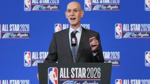 NBA commissioner Adam Silver speaks during a news conference at the NBA basketball All-Star weekend Saturday, Feb. 14, 2026, in Inglewood, Calif. (Jae C. Hong/AP)