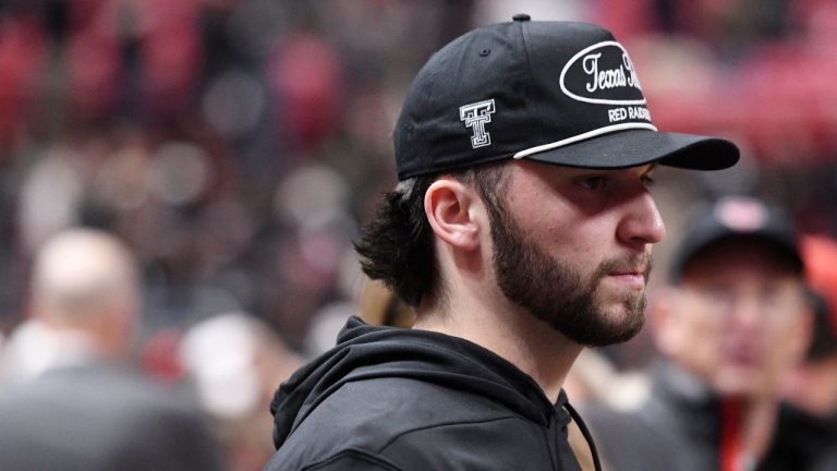 Cincinnati transfer and future Texas Tech quarterback Brendan Sorsby attends an NCAA college basketball game between Texas Tech and Houston, Saturday, Jan. 24, 2026, in Lubbock, Texas. (Annie Rice/AP)
