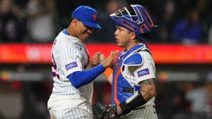 New York Mets' Juan Soto, left, celebrates with Francisco Alvarez after a baseball game against the Minnesota Twins Wednesday, April 22, 2026, in New York. (Frank Franklin II/AP Photo)