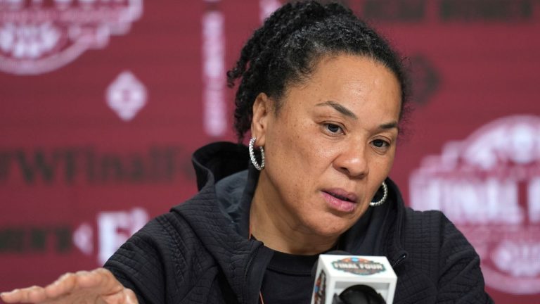 South Carolina head coach Dawn Staley answers a question during a news conference prior to the national semifinals at the Women's Final Four of the NCAA college basketball tournament, Thursday, April 2, 2026, in Phoenix. (Ross D. Franklin/AP Photo)