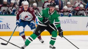 Dallas Stars centre Matt Duchene looks to make a pass as Colorado Avalanche's Brock Nelson (11) looks on in the first period of an NHL hockey game Saturday, April 4, 2026, in Dallas. (Tony Gutierrez/AP)