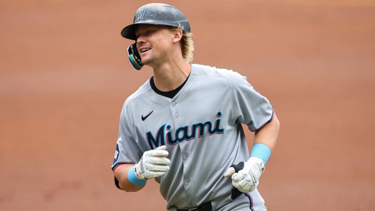 Miami Marlins' Kyle Stowers reacts after flying out in the first inning of a baseball game against the Atlanta Braves, Sunday, Aug. 10, 2025, in Atlanta. (Colin Hubbard/AP)