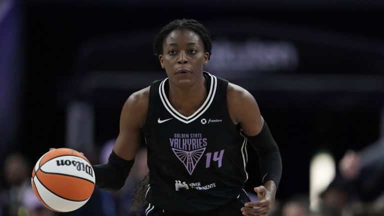 Golden State Valkyries centre Temi Fagbenle moves the ball during the second half of a WNBA basketball game against the Indiana Fever, Sunday, Aug. 31, 2025, in San Francisco. (Godofredo A. Vásquez/AP)