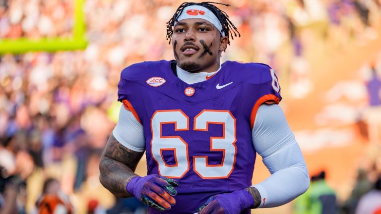 Clemson defensive end T.J. Parker looks on before an NCAA college football game between Clemson and Furman on Saturday, Nov. 22, 2025, in Clemson, S.C. (AP/Jacob Kupferman)