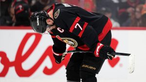 Ottawa Senators' Brady Tkachuk (7) takes puts his head down after the team was eliminated by the Carolina Hurricanes at the end of third period of first round Game 4 NHL playoff hockey action in Ottawa, on Saturday, April 25, 2026. (Justin Tang/THE CANADIAN PRESS)