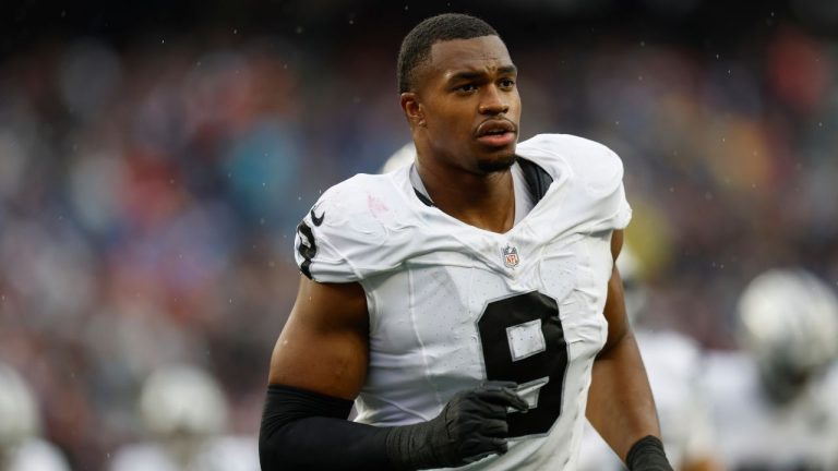 Las Vegas Raiders defensive end Tyree Wilson (9) jogs during an NFL football game against the New England Patriots, Sunday, Sept. 7, 2025, in Foxborough, Mass. (Greg M. Cooper/AP)
