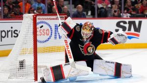 Carolina Hurricanes' Logan Stankoven, not shown, scores on Ottawa Senators goaltender Linus Ullmark (35) during first period NHL playoff hockey action in Ottawa, on Thursday, April 23, 2026. (Justin Tang/THE CANADIAN PRESS)