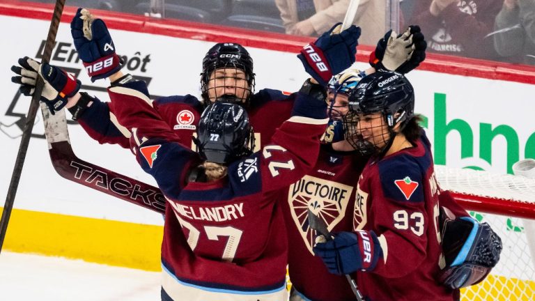 Montreal Victoire goaltender Ann-Renee Desbiens (35) celebrates with teammates after defeating the Seattle Torrent in PWHL hockey action, in Laval, Que., on Tuesday, April 7, 2026. (Christopher Katsarov/THE CANADIAN PRESS)
