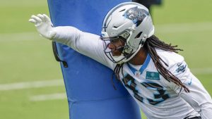 Carolina Panthers linebacker Luiji Vilain runs a drill at the NFL football team's practice in Charlotte, N.C., Tuesday, June 4, 2024. (Nell Redmond/AP)