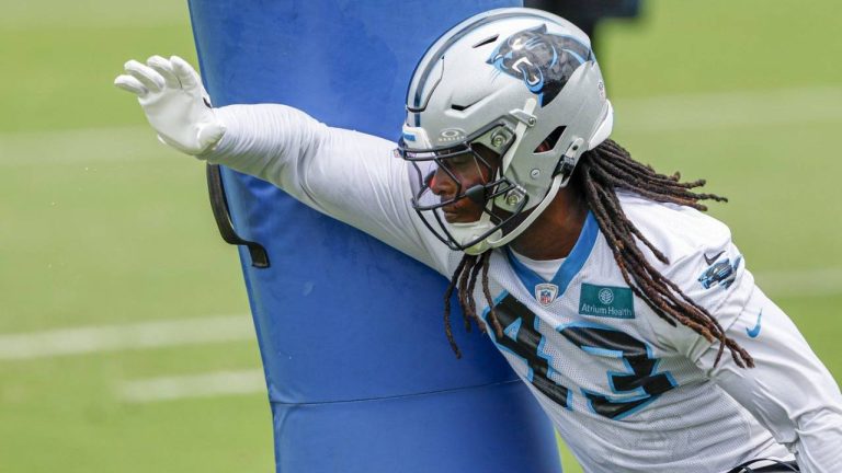 Carolina Panthers linebacker Luiji Vilain runs a drill at the NFL football team's practice in Charlotte, N.C., Tuesday, June 4, 2024. (Nell Redmond/AP)