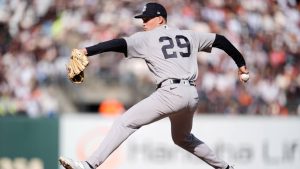 New York Yankees pitcher Will Warren during a baseball game against the San Francisco Giants in San Francisco, Saturday, March 28, 2026. (Jeff Chiu/AP)