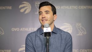 Toronto Raptors General Manager Bobby Webster speaks to the media in Toronto on Friday, June 21, 2019. THE CANADIAN PRESS/Chris Young