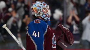 Colorado Avalanche goaltender Scott Wedgewood looks on after a win over the Los Angeles Kings in Game 1 in the first round of the Stanley Cup Playoffs, Sunday, April 19, 2026, in Denver. (Jack Dempsey/AP Photo)
